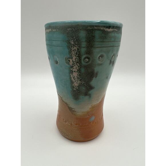 Art Pottery Blue & Brown Glazed 5” Tumbler Cup Artist Signed - Picture 7 of 10